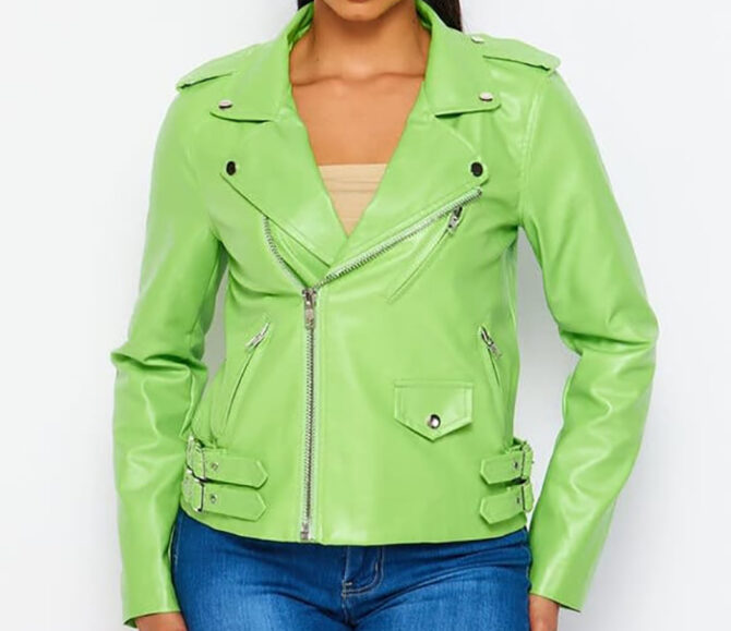 Faux Leather Bikers lime green leather jacket