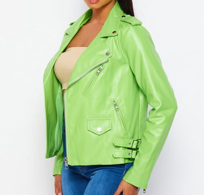 Faux Leather Bikers lime green leather jacket